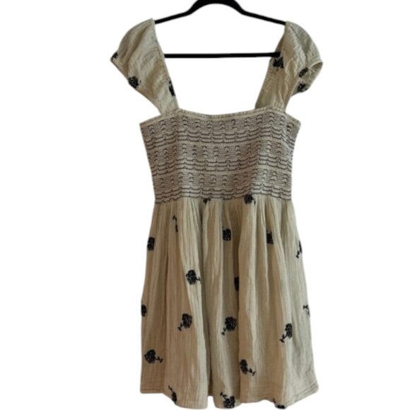 Free People Tory Smocked Embroidered Cream Mini Dress Large - Picture 5 of 7